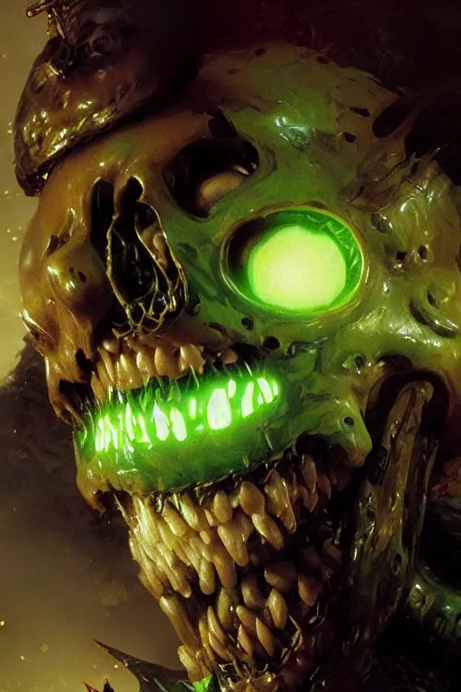 Prompt: close up of the face of a glowing green skull eating beans and laughing extremely high detail portrait dnd, painting by gaston bussiere, craig mullins, greg rutkowski, yoji shinkawa