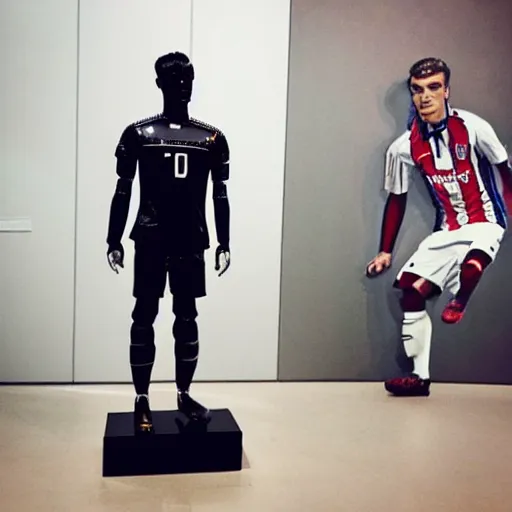 Image similar to “ a realistic detailed photo of a guy who is an attractive humanoid who is half robot and half humanoid, who is a male android, soccer player antoine griezmann, shiny skin, posing like a statue, blank stare, at the museum, on display ”