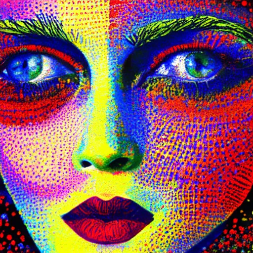 Image similar to a painting of emma watson face with red, yellow, and blue colors, a pointillism painting by mati klarwein, shutterstock contest winner, computer art, impressionism, digitally enhanced, painterly