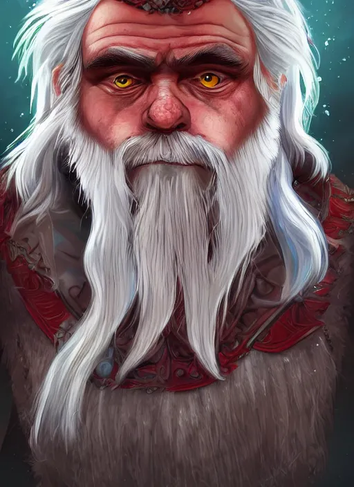 Prompt: dwarf with white hair, red iris, long beard, pale snow white skin, full body character portrait, colorful, highly detailed, digital art