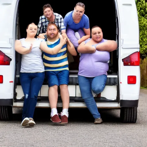 Prompt: 5 young overweight people with downsyndrome moving house