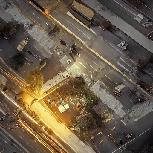 Image similar to A stunningly beautiful award-winning 8K high angle from 2nd floor cinematic movie photograph looking down diagonally across a spooky dark very foggy empty lightless main street intersection in an abandoned 1950s small town at night. perfect composition, moody low key. Color palette from Seven, greens yellows and reds. 2 point perspective. Octane render