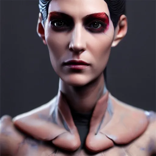 Image similar to ultra realistic painted sculpture of a beautiful cyberpunk woman. waxwork. cinematic makeup. detailed lifelike