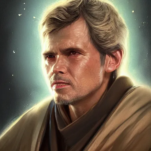 Image similar to portrait of a man by greg rutkowski, grand jedi master ben skywalker, star wars expanded universe, he is about 6 0 years old, wearing jedi robes highly detailed portrait, digital painting, artstation, concept art, smooth, sharp foccus ilustration, artstation hq