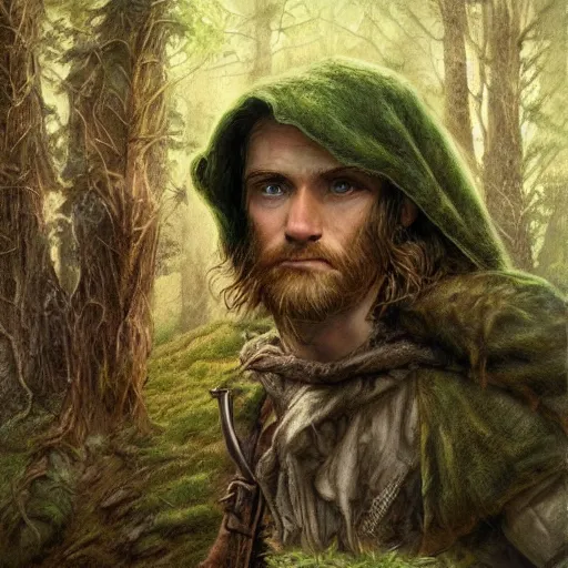 Prompt: a handsome young rugged hobbit ranger and a dark green hood and cloak in the forest, adventure gear, realistic, detailed, masterpiece, short brown hair, clean shaven, by John Howe and Alan Lee, trending on ArtStation