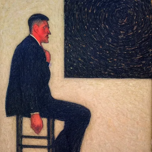 Prompt: youtube accurate, emotive by ray donley, by willard metcalf. a print of a suit. the man's eyes are closed & he has a serene, content look on his face. his arms are crossed in front of him & is floating in space. background is swirling with geometric shapes & patterns.