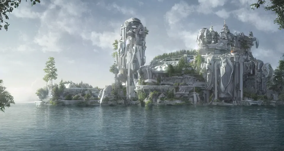 Image similar to elegant sci - fi castle with white walls in the middle of a lake overlooking a sleek futuristic city surrounded by greenery, luxurious, sunny day, cinematic, expansive, artstation trending, matte painting, concept art