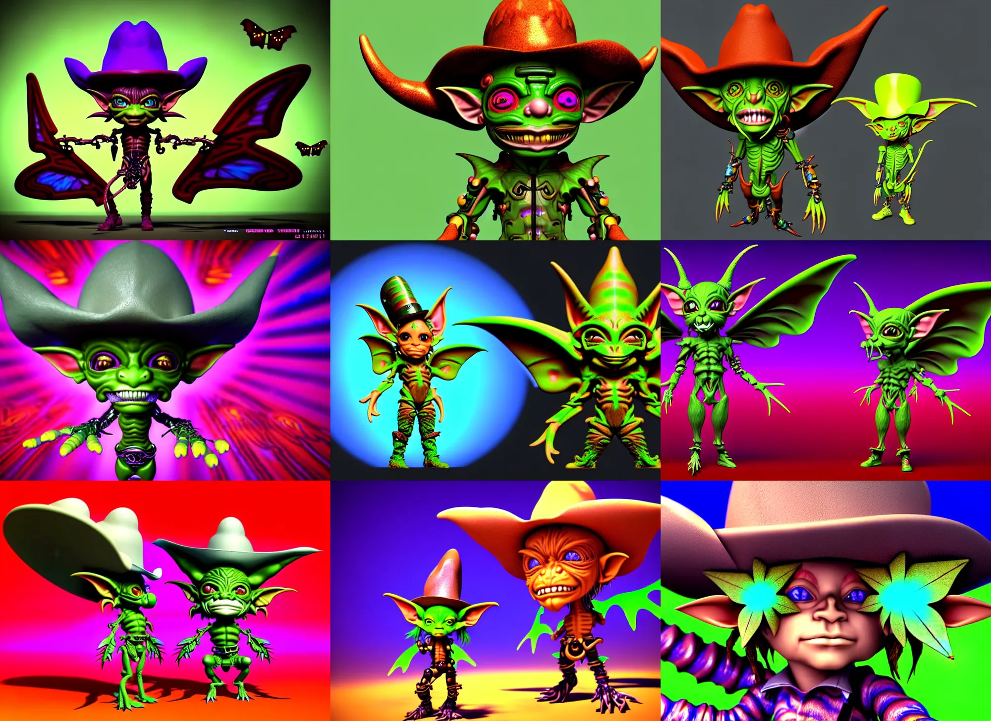 Prompt: 3 d render of chibi cyborg goblin elf by ichiro tanida wearing a big cowboy hat and wearing angel wings against a psychedelic swirly background with 3 d butterflies and 3 d flowers n the style of 1 9 9 0's cg graphics 3 d rendered y 2 k aesthetic by ichiro tanida, 3 do magazine