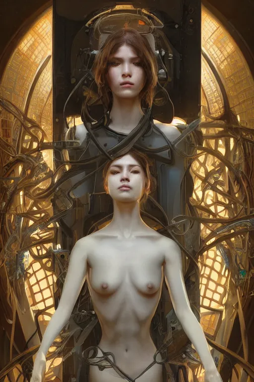 Image similar to beautiful and enigmatic ai held captive in a remote research facility. vulnerability and innocence, ultra realistic, sharp details, subsurface scattering, intricate details, warm lighting, beautiful features, highly detailed, photorealistic, octane render, 8 k, unreal engine, art by artgerm and greg rutkowski and alphonse mucha