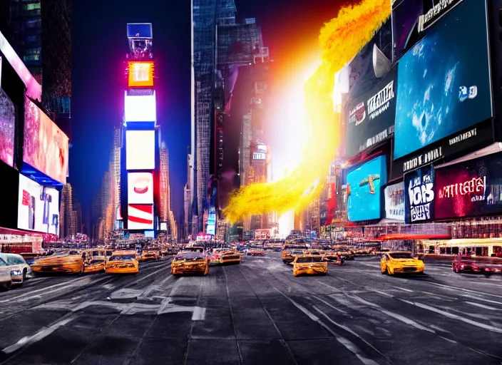 Image similar to film still of the moon shattering into pieces over time square in the new disaster movie, 8 k, night time