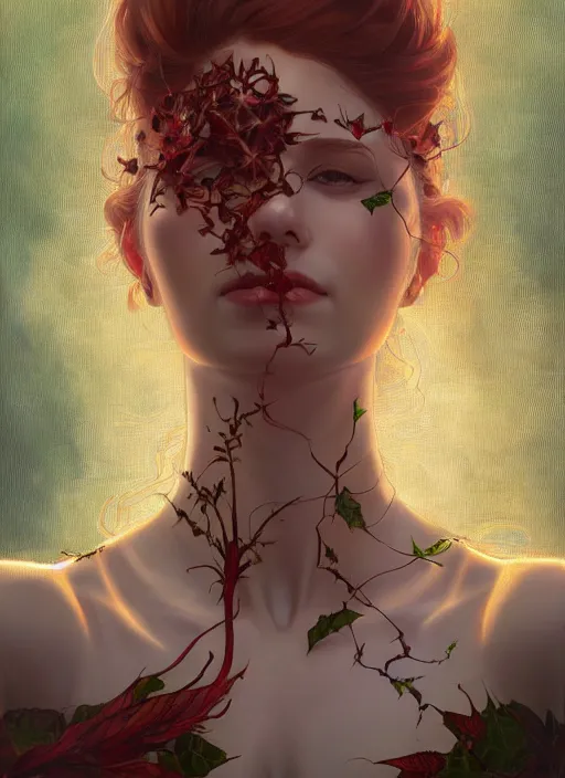 Prompt: symmetry!! poison ivy, machine parts embedded into face, intricate, elegant, highly detailed, digital painting, artstation, concept art, smooth, sharp focus, illustration, art by artgerm and greg rutkowski and alphonse mucha, 8 k