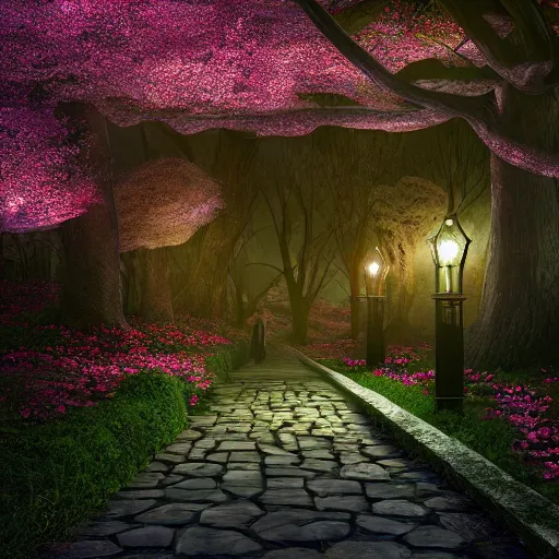 Prompt: photorealistic beautiful cherry blossom forest with victorian lanterns lining the stone pathway. hyperdetailed photorealism, 1 0 8 megapixels, amazing depth, glowing rich colors, powerful imagery, psychedelic overtones, 3 d finalrender, 3 d shading, cinematic lighting, artstation concept art