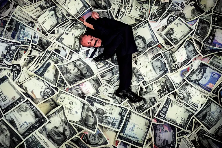 Prompt: stunning beautiful photography of Mike Blazer like a boss under the rain of 100 us dollar bills, Wall Street, from a Times magazine award winning photo, professional photoshoot, taken with Sony alpha 9, sigma art lens