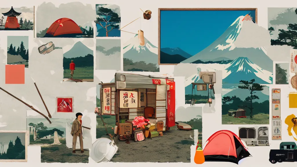 Image similar to an arrangement of camping traveller props, japan, a collage painting, in the style of wes anderson, lola dupre, david hockney, isolated on negative white space background dark monochrome neon spraypaint accents volumetric octane render