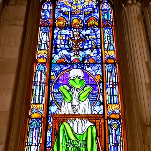 Prompt: kermit the frog as a holy sacred god on acid on his throne in the shrine of his classically decorated temple as a masterpiece stained glass window and a grand cathedral