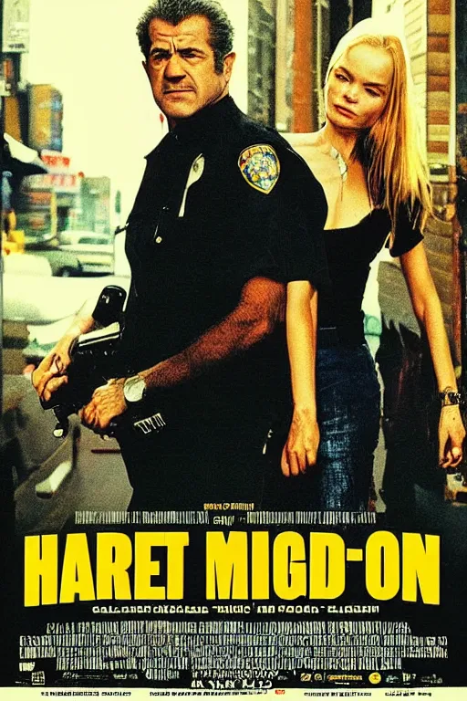 Prompt: “ a movie poster for a hard - boiled cop drama starring mel gibson and kate bosworth set in 1 9 9 0 s queens, ny. cinematic, award - winning, rainy night. ”