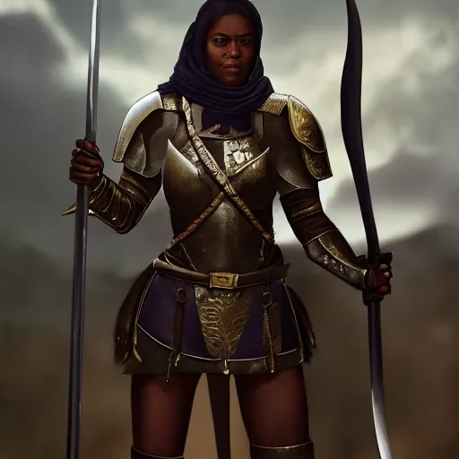 Prompt: cinematic artwork of a black female medieval commander in front of her army, holding his sword with a slight smile on her face by greg rutowski, 4 k, masterpiece