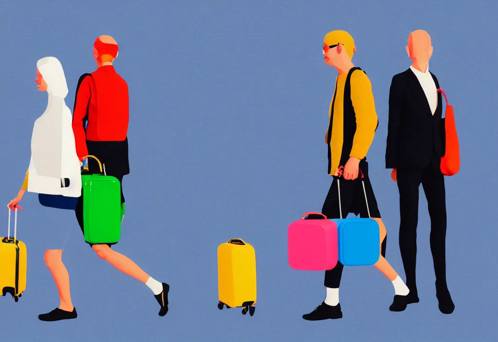 Image similar to full body portrait of a duo of european tourists travel apparel, various poses walking and carrying luggage, geometric character designs painting, in the style of wes anderson, rene magritte, lola dupre, david hockney, isolated on white background, dark monochrome neon spraypaint accents octane render