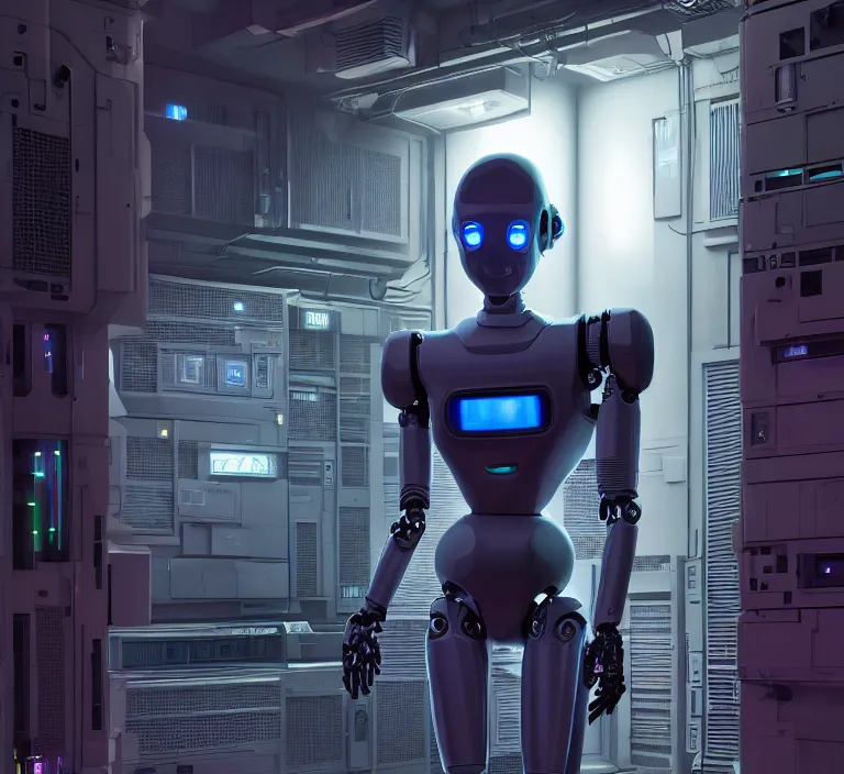 Image similar to hyperrealism stock photography of highly detailed stylish humanoid robot in sci - fi cyberpunk style by gragory crewdson and vincent di fate with many details by josan gonzalez working in the highly detailed data center by mike winkelmann and laurie greasley hyperrealism photo on dsmc 3 system rendered in blender and octane render