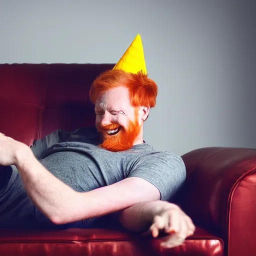 Image similar to professional photography of a drunk ginger haired man slouched on the couch smiling wearing a cone on his head