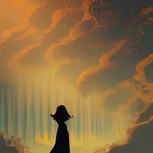 Prompt: Silhouette of a praying woman, intricate, elegant, fantasy, highly detailed, digital painting, concept art, Junji Ito, sharp focus, illustration, beautiful volumetric lighting, epic light, artstation, magic hour lighting, colorful, sunshine, springtime, art by Sylvain Sarrailh