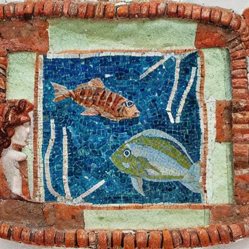 Prompt: roman mosaic of sea with fish and mermaid on a cave wall