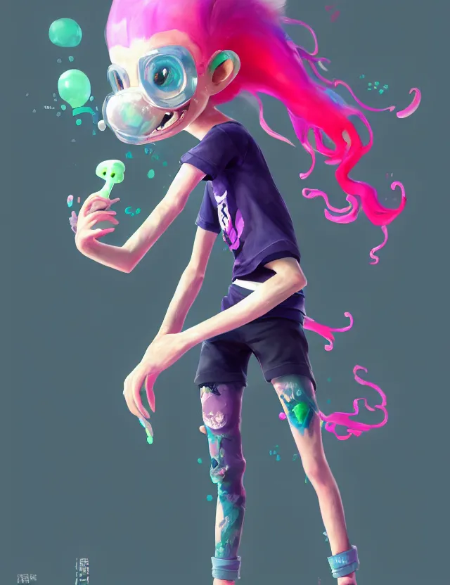 Prompt: a beautiful fullbody portrait of a cute splatoon male inkling with pink hair wearing tshirt leggings under sport shorts. character design by cory loftis, fenghua zhong, ryohei hase, ismail inceoglu and ruan jia. artstation, volumetric light, detailed, photorealistic, fantasy, rendered in octane