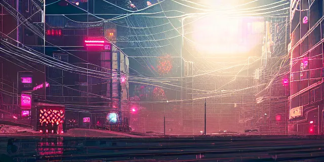 Image similar to network of technological dots floating in the middle of a cyberpunk tokyo 2 0 9 9 city, in the art style of dan mumford and marc simonetii, atmospheric lighting, intricate, volumetric lighting, beautiful, sharp focus, ultra detailed