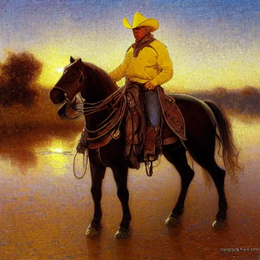 Image similar to horse rider cowboy in yellow jacket against sunset and parked spaceship, oil painting, gaston bussiere, mucha, gerome,