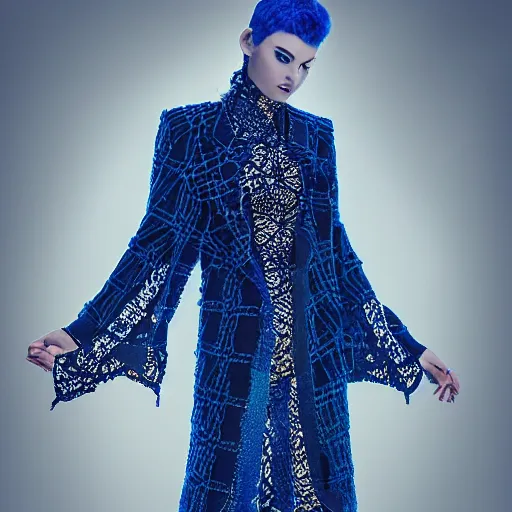 Image similar to fashion 2 0 5 0 fantastic openwork long coat with intricate pattern on a beautiful symmetrical girl with blue hair, hyper realistic photos