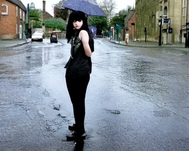 Prompt: poor quality digital photo of an emo girl, black hair, sunny day after rain, british street, 2 0 0 7