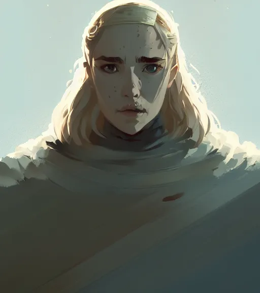 Image similar to portrait of a warrior ( game of thrones ) by atey ghailan, by greg rutkowski, by greg tocchini, by james gilleard, by joe fenton, by kaethe butcher, dynamic lighting, gradient light blue, brown, blonde cream and white color scheme, grunge aesthetic