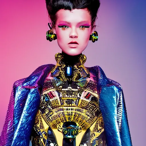 Image similar to A fashion model in Robotic dress, in year 3000, Versace editorial,highly detailed