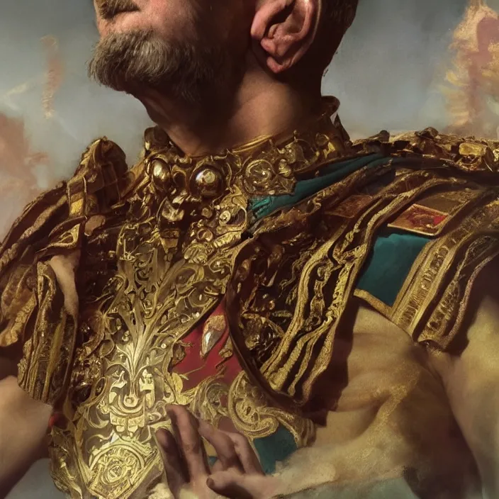 Prompt: excellent painted portrait of the Caesar Invictus the last Emperor of New Rome, dramatic lighting of an emperor's final moment, masterpiece painting with detailed face, 4k, trending on artstation, octane render, art by artgerm and greg rutkowski and alphonse mucha and craig mullins and James Jean and Andrei Riabovitchev and Marc Simonetti and peter mohrbacher