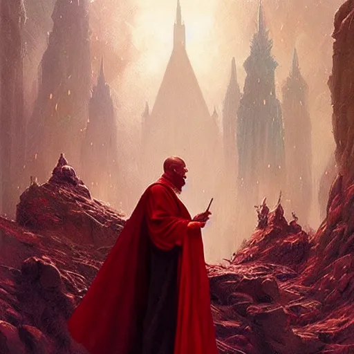 Prompt: fantasy painting with a wizard in red robes in a surreal environment by greg rutkowski and michael whelan w 1 0 2 4