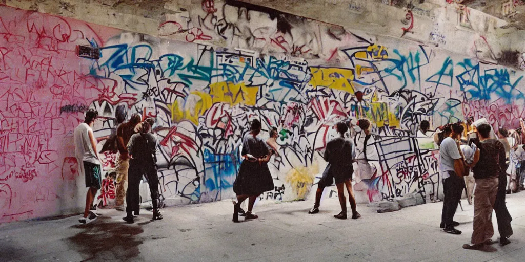 Prompt: new york underpass, graffiti on the walls, cope 2 drawing on the wall, guy drawing graffiti on the wall, crowd around the burning barrel, coloured film photography, christopher morris photography, bruce davidson photography