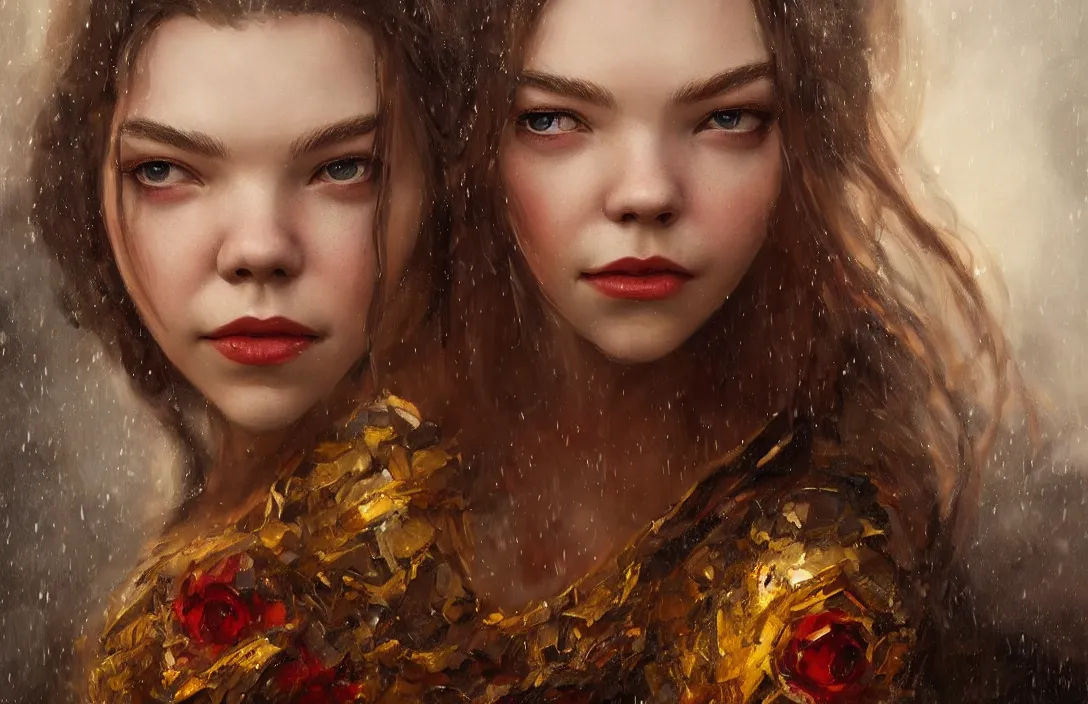 Image similar to a realistic detail portrait of a beautiful queen look like Anya taylor-joy in middle earth, raining, thunder, magic, dragon, oil painting by Julian calle, wlop, greg rutkowski, Finnian MacManus, Trending on artstation, red and yellow scheme, 8k, RE Engine