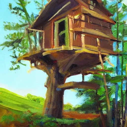 Prompt: treehouse in the countryside on a sunny day, peaceful, brush strokes, oil painting