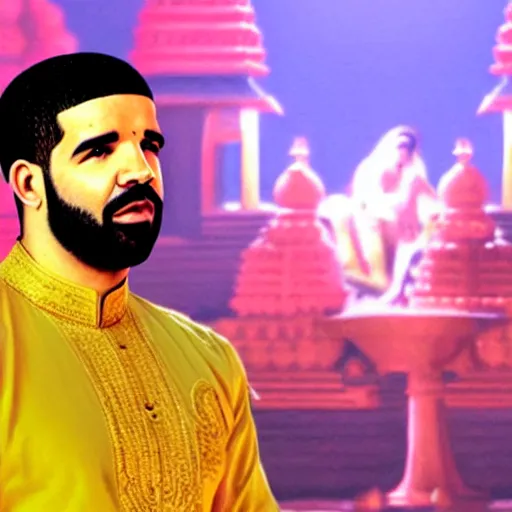 Prompt: drake the rapper wearing a kurta, hindu kovil scene, extremely realistic, drake's face