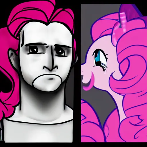 Image similar to man in the process of morphing into Pinkie Pie from My Little Pony, man turning into pony, trending on artstation, painful expression, anatomically accurate, coherent body, high contrast,