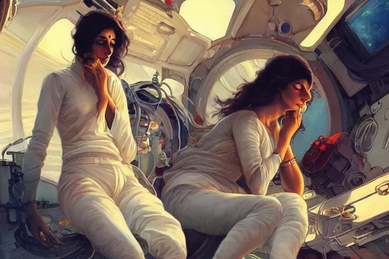 Image similar to Sensual good looking pale young Indian doctors wearing jeans in a space station above Earth, portrait, elegant, intricate, digital painting, artstation, concept art, smooth, sharp focus, illustration, art by artgerm and greg rutkowski and alphonse mucha