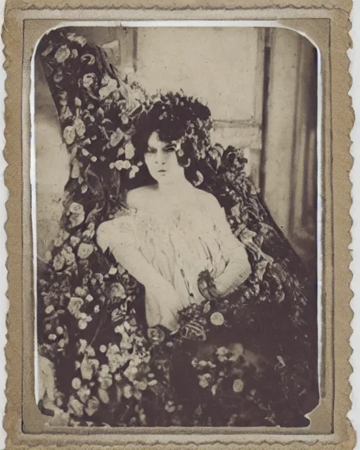 Prompt: a beautiful detailed front view portrait of a dead rotten princess with baroque ornate growing around, flowers, plants, ornamentation, elegant, beautifully soft and dramatic lit, 1 9 1 0 polaroid photo