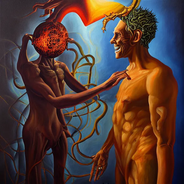 Image similar to an oil on canvas portrait painting of a man meeting a demon, polycount, surrealism, surrealist, cosmic horror, high detail