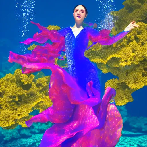 Image similar to woman dancing underwater wearing a flowing dress made of blue, magenta, and yellow seaweed, colorful corals, swirling silver fish, unreal engine, caustics lighting from above, cinematic