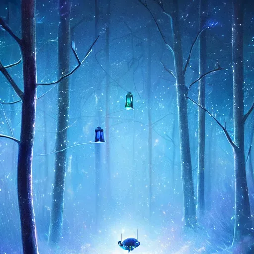 Prompt: beautiful picture of a magical fireflies glowing different lights everywhere in the centre of blizzard in an enchanted beautiful forest, fantasy art, trending on artstation, cgsociety, nice composition, great fantasy mood, classic Disney mood