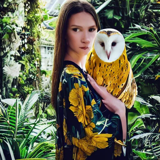 Prompt: head to shoulder portrait film photograph of an elegant top model wearing a yellow kimono with a very detailed barn owl on her shoulder!!! in a tropical greenhouse. looking at the camera!!. super resolution. 85 mm f1.8 lens.bokeh. graflex. by Simon Stålenhag ! -