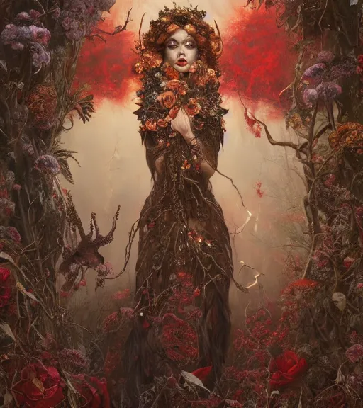 Image similar to portrait of the beautiful supreme queen of the blood cult, full body, surrounded by skulls and overgrowth and dark flowers by karol bak, James Jean, tom bagshaw, rococo, trending on artstation, cinematic lighting, hyper realism, octane render, 8k, hyper detailed.