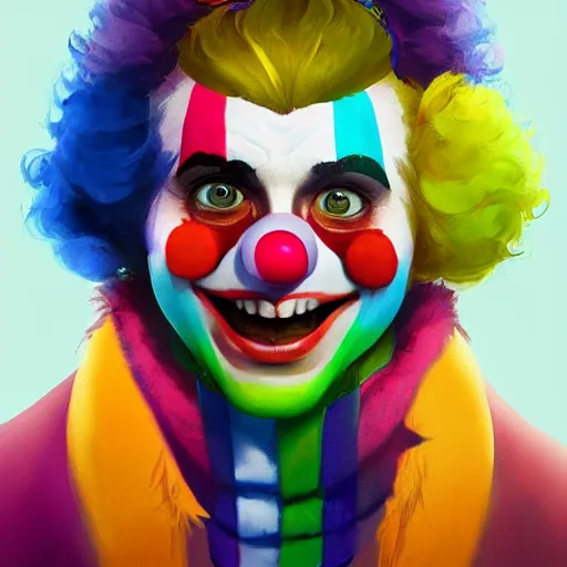 Image similar to Portrait of a colorful happy joyful funny smiling clown, artstation, cgsociety, masterpiece