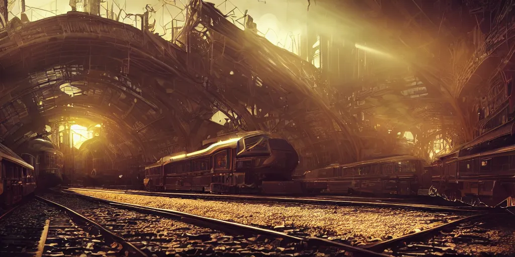 Image similar to futuristic steampunk train in railstation, stunning volumetric lighting, sundown, trending on Artstation, 8k, photorealistic, hyper detailed, unreal engine 5, cinematic, epic lighting, cryengine, octane render, cyberpunk, red and orange glow