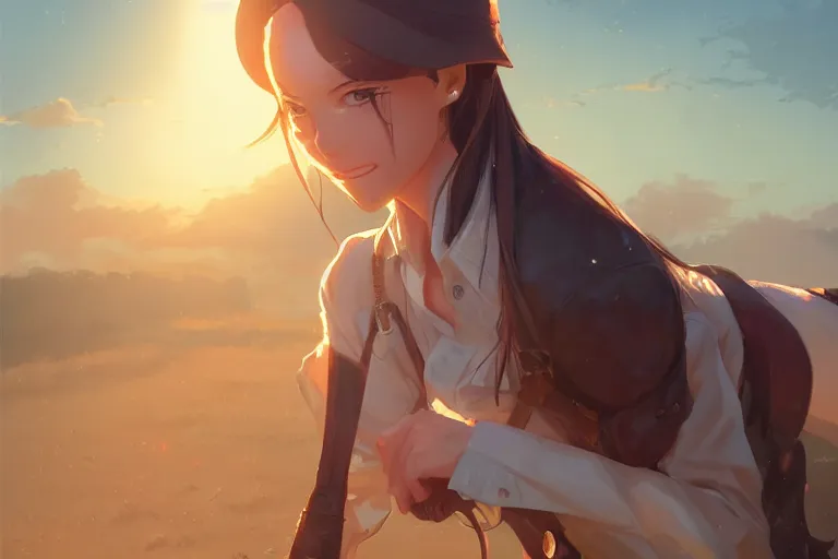 Image similar to single subject digital art of a western cowgirl western girlfriend, scenic full shot, ambient lighting, detailed face, by makoto shinkai, stanley artgerm lau, wlop, rossdraws